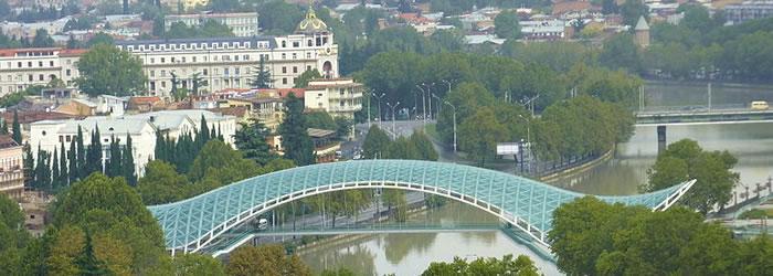 Tbilisi, Georgia The Bridge of Peace, a bow-shaped pedestrian bridge with more than 1,000 LED lights, opened in 2010. ,  The Peace Bridge in Tbilisi.  Credit:  Moreau.henri [CC-BY-SA-3.0-2.5-2.0-1.0], via Wikimedia Commons